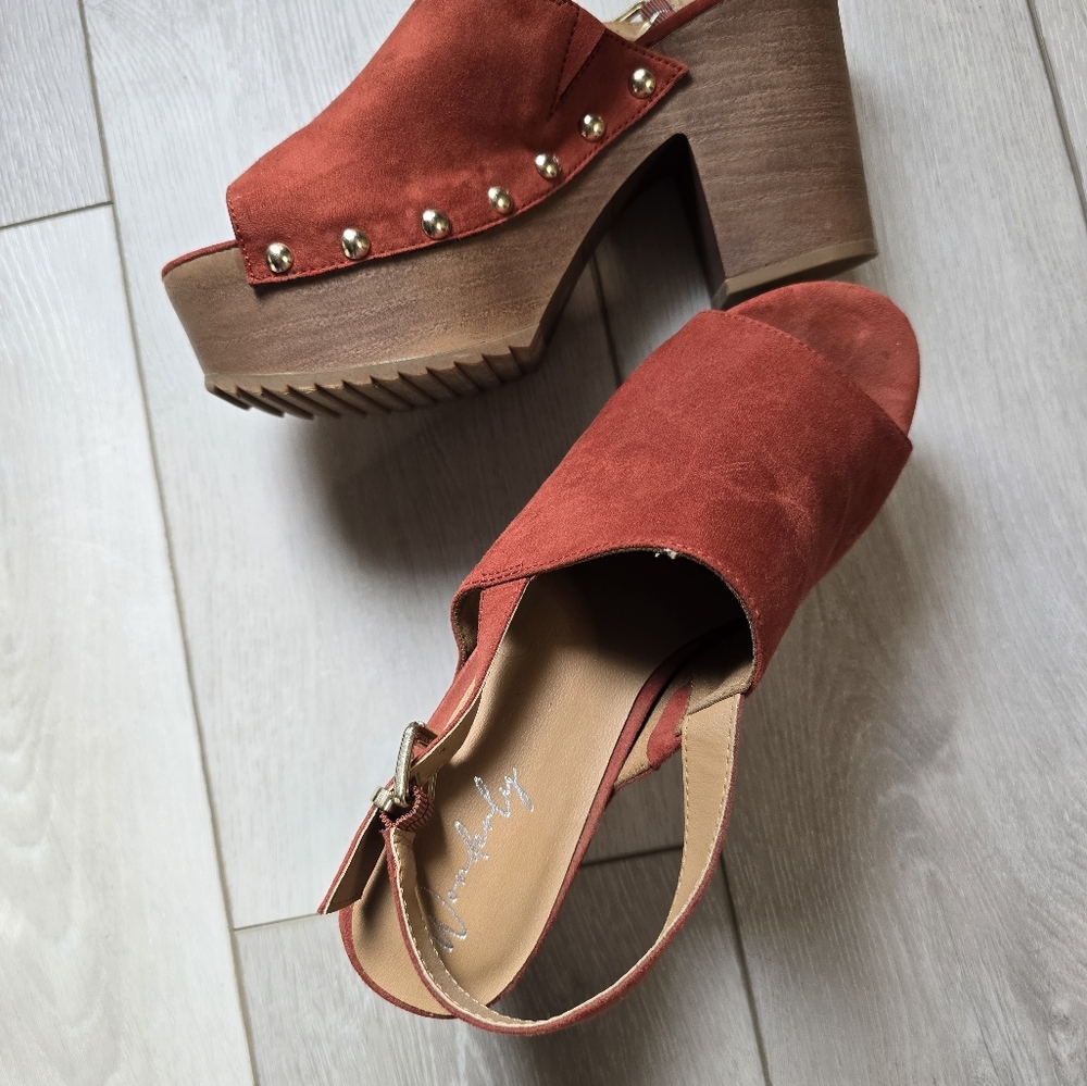 Wonderly Terracota Oakly Suede Block Heel Women's Rust Platform Sandals Size 8 - Picture 4 of 13